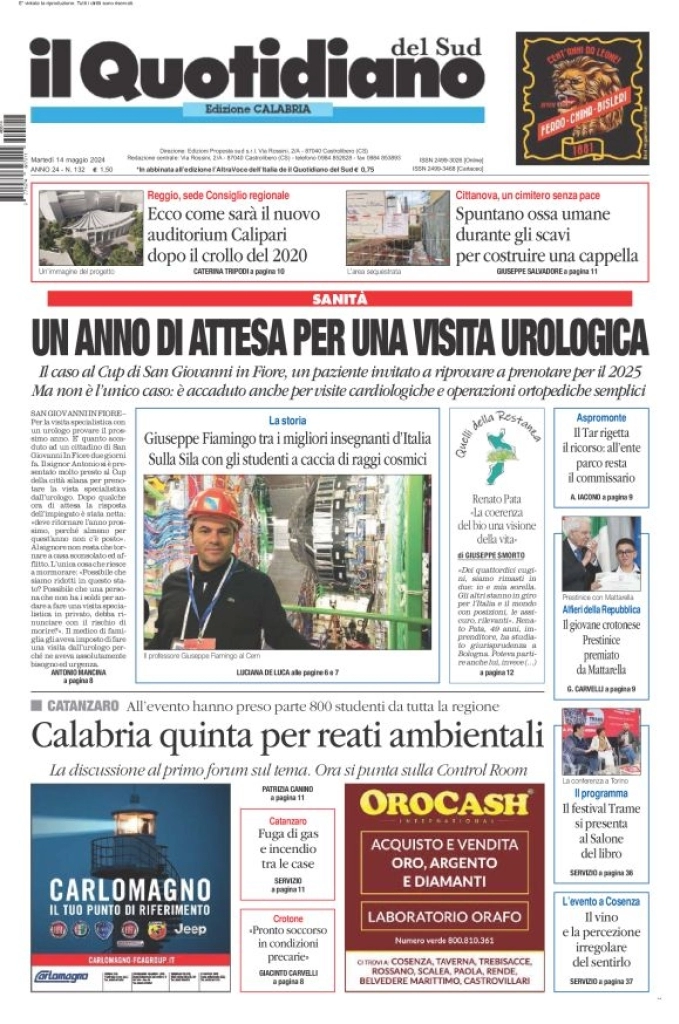 prima pagina - Il Quotidiano del Sud (Catanzaro) del 14/05/2024