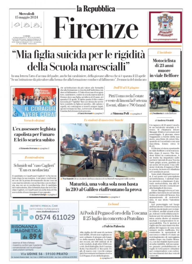 prima pagina - La Repubblica (Firenze) del 15/05/2024