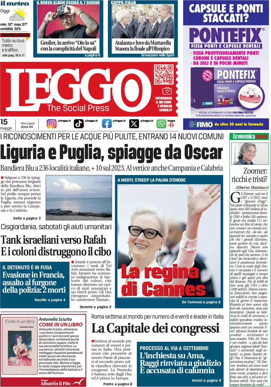 anteprima della prima pagina di leggo-roma del 15/05/2024