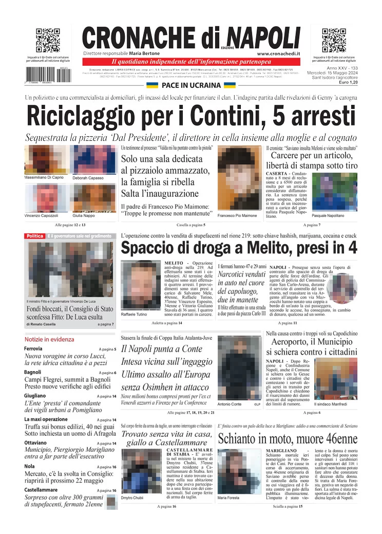 anteprima della prima pagina di cronache-di-napoli del 15/05/2024