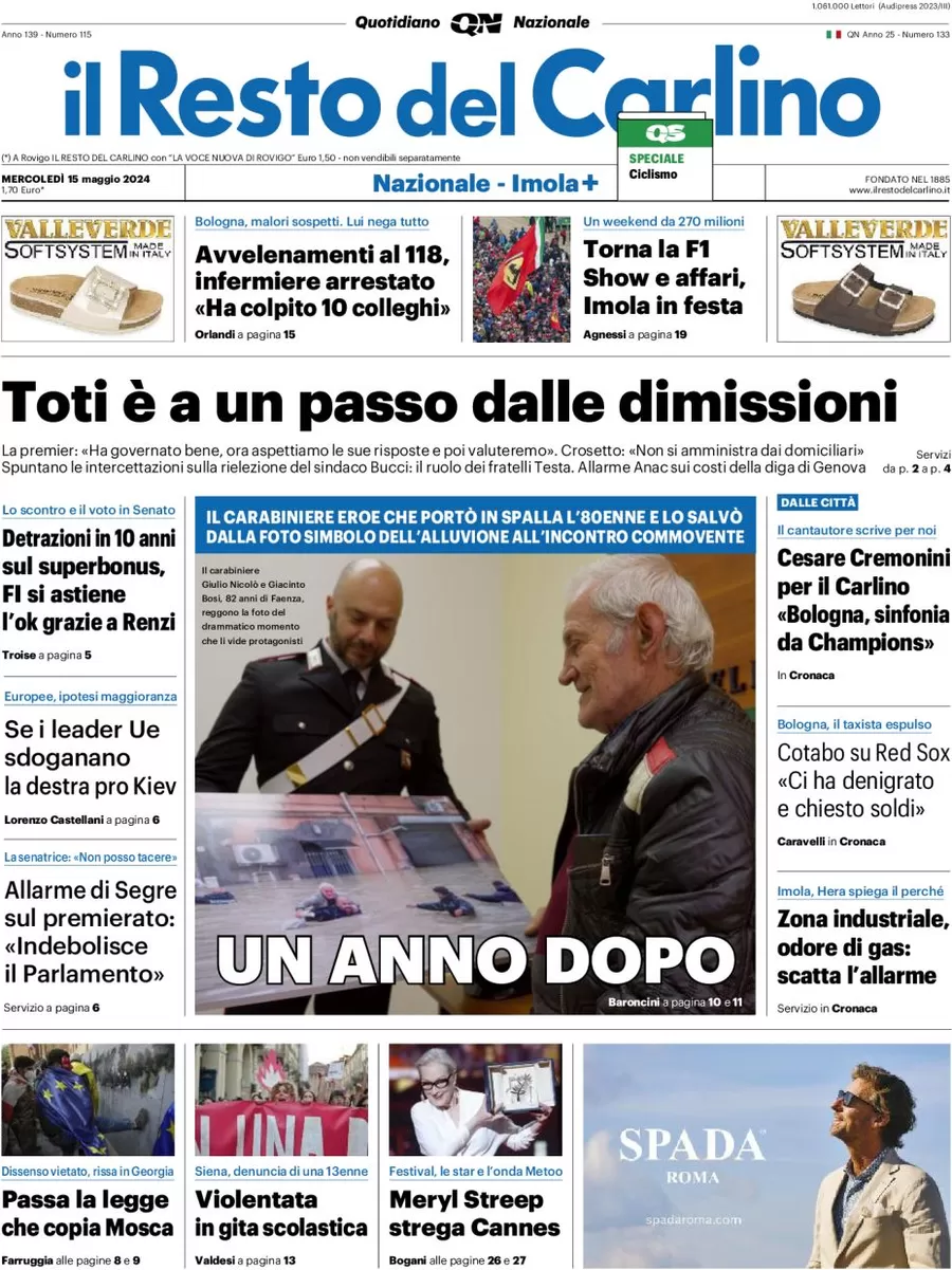 prima pagina - Il Resto del Carlino del 15/05/2024