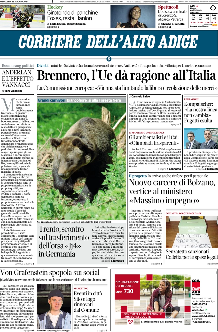 prima pagina - Corriere dell'Alto Adige del 15/05/2024