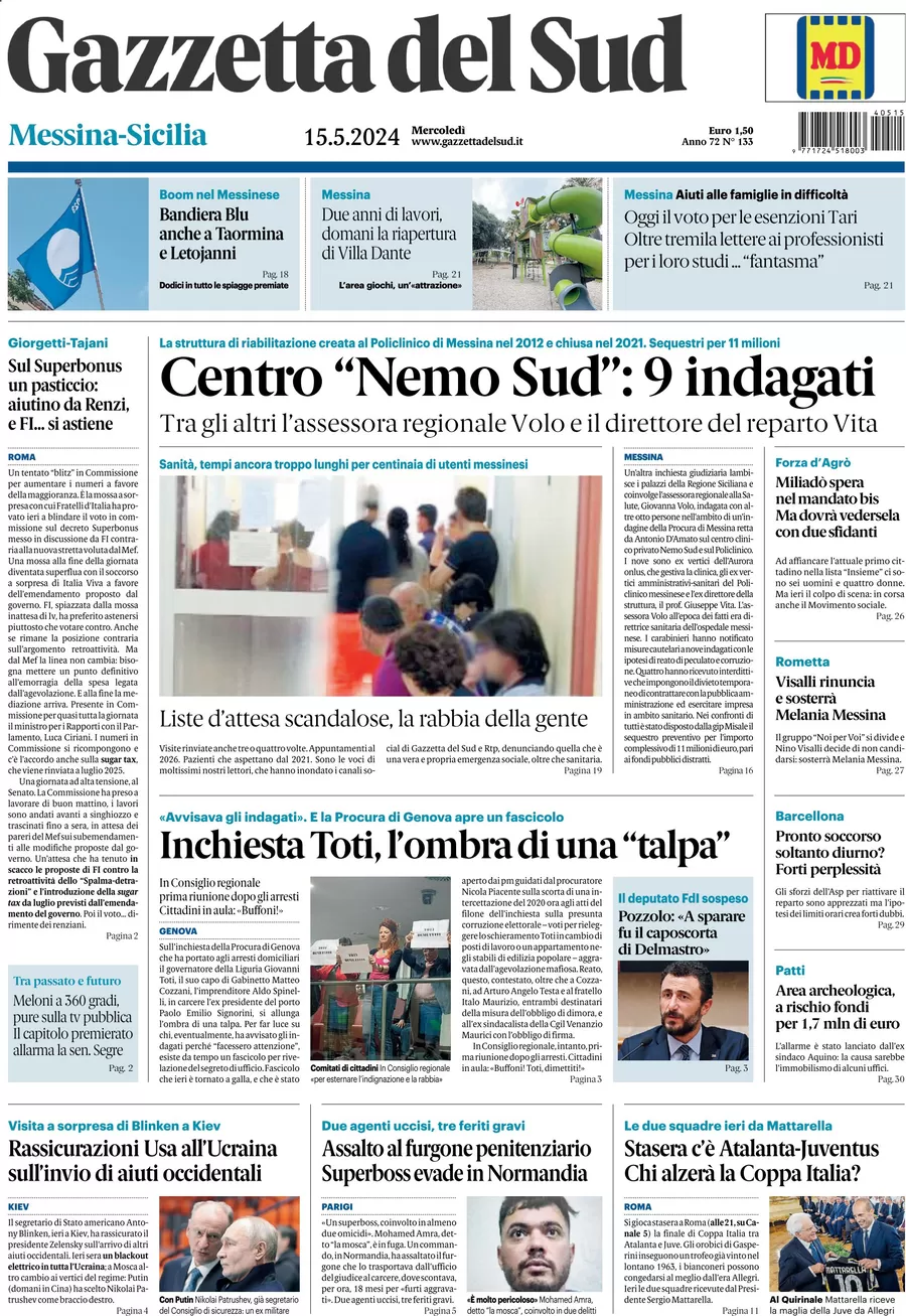 prima pagina - Gazzetta del Sud (Messina) del 15/05/2024