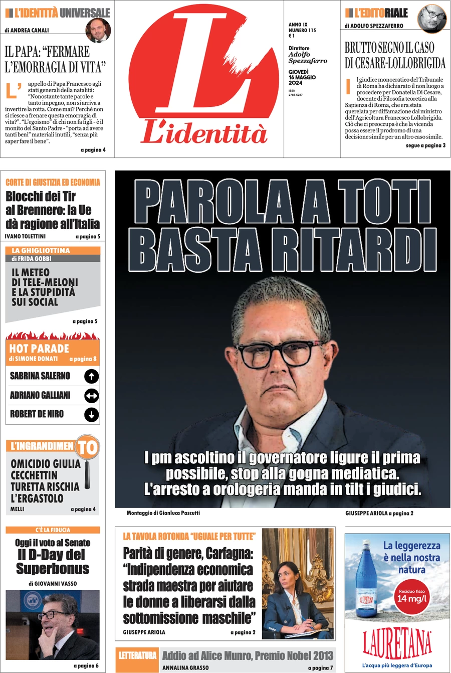 anteprima della prima pagina di lidentit del 15/05/2024