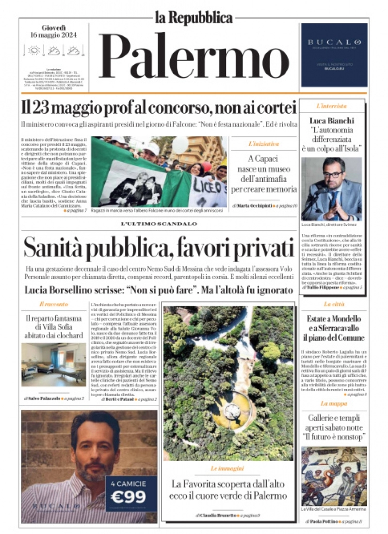 prima pagina - La Repubblica (Palermo) del 16/05/2024