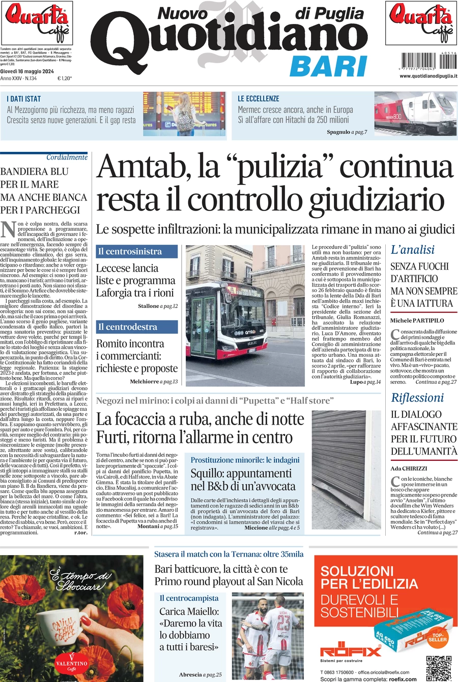 prima pagina - Nuovo Quotidiano di Puglia (Bari) del 16/05/2024