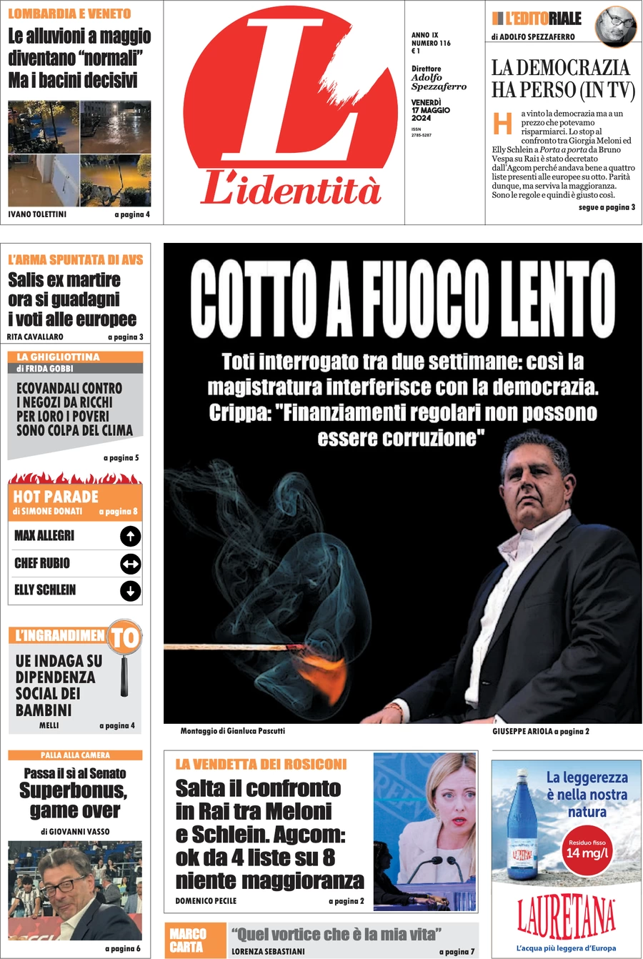 anteprima della prima pagina di lidentit del 16/05/2024