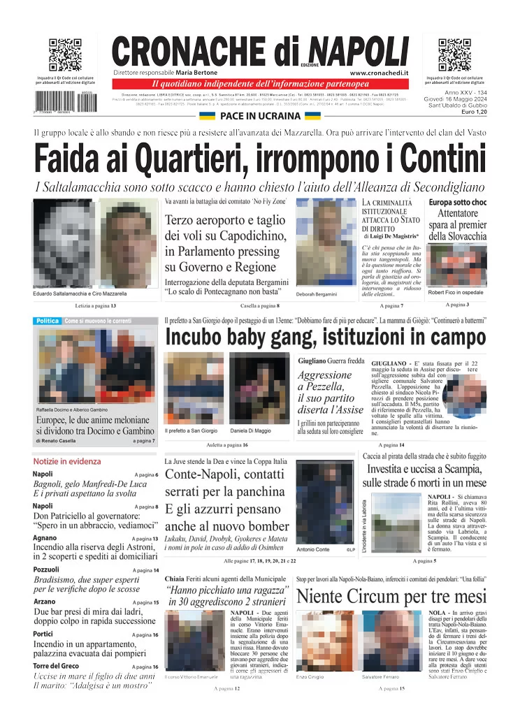 anteprima della prima pagina di cronache-di-napoli del 16/05/2024