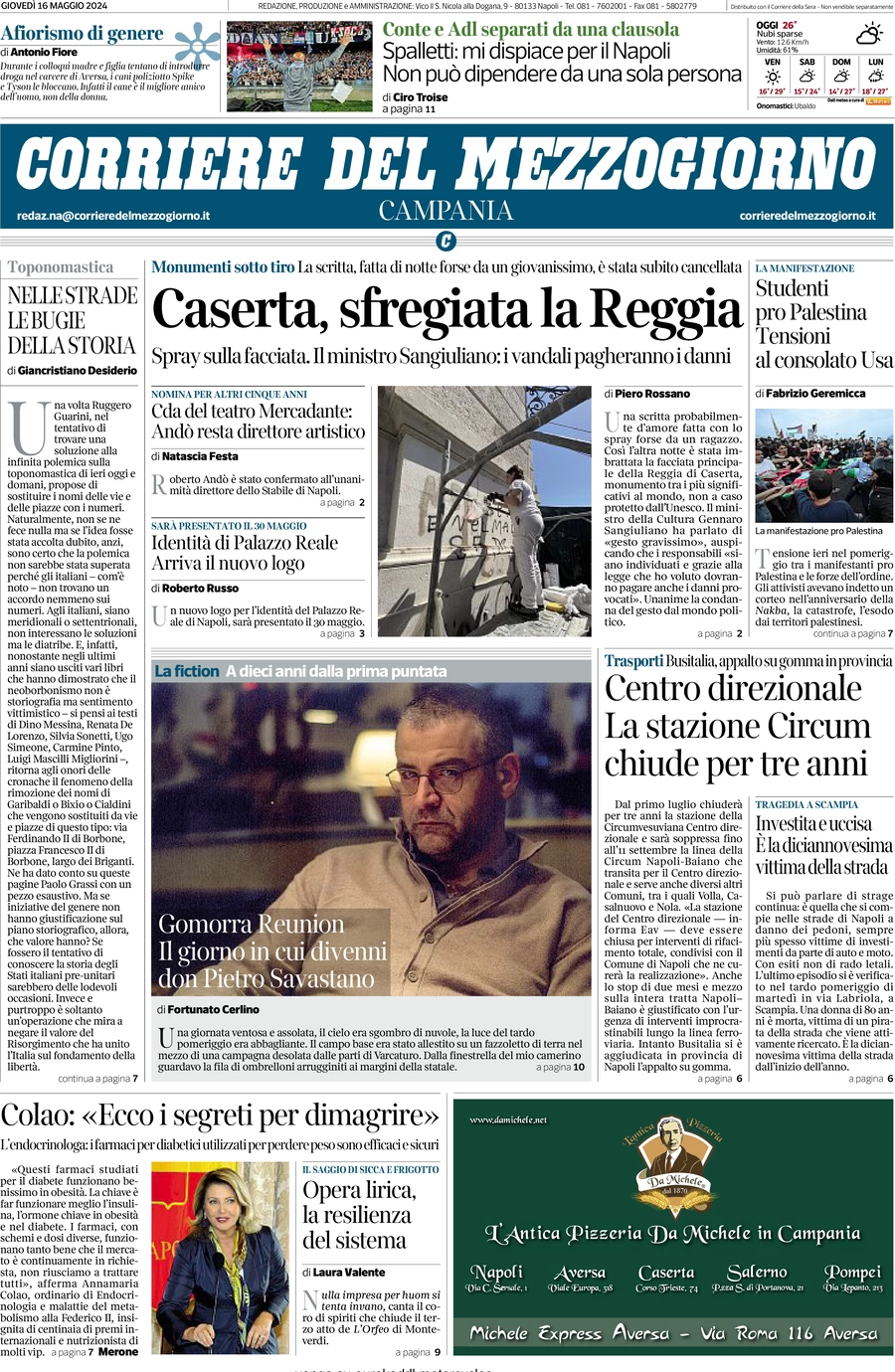 prima pagina - Corriere del Mezzogiorno (Campania) del 16/05/2024