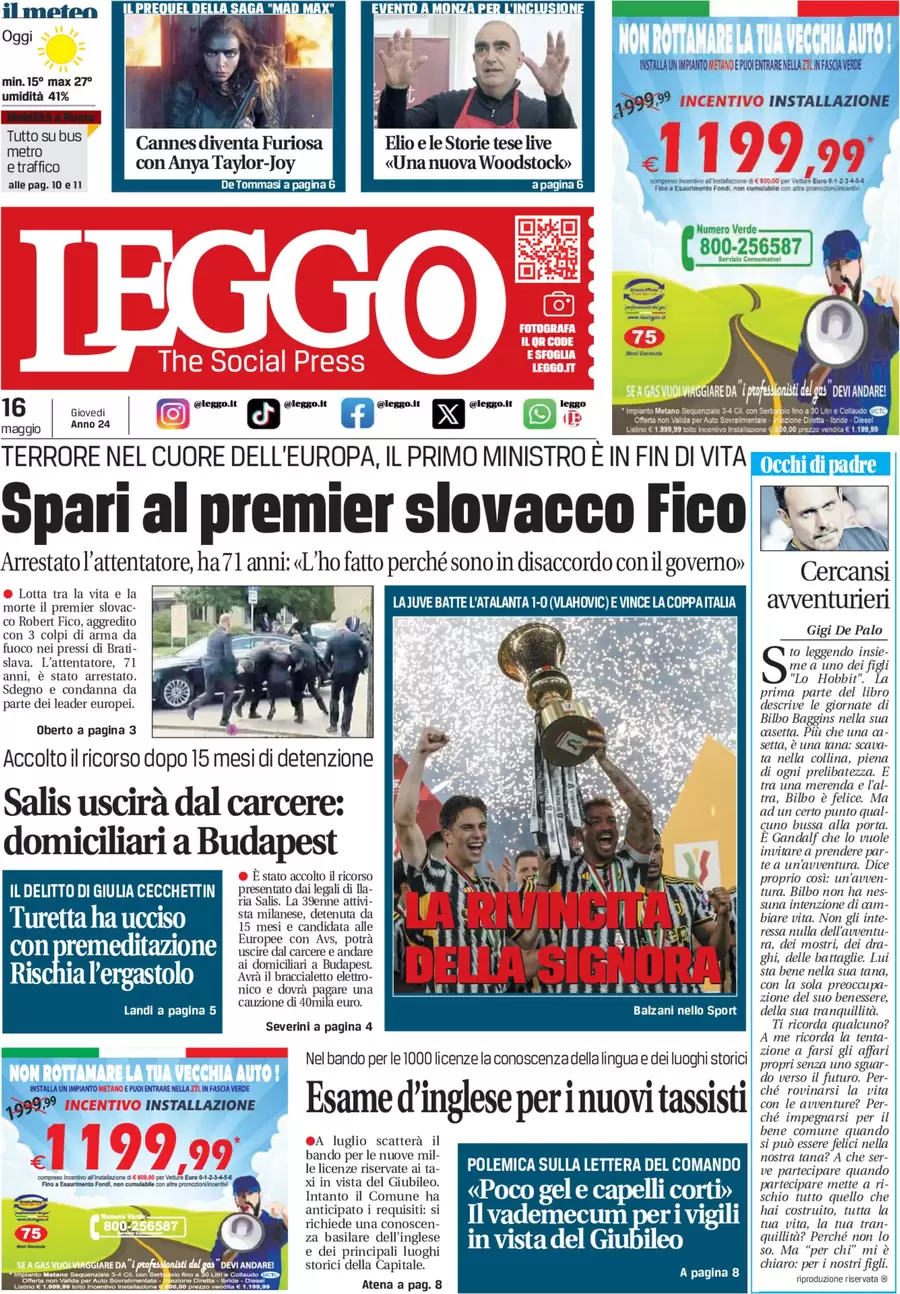 anteprima della prima pagina di leggo-roma del 16/05/2024