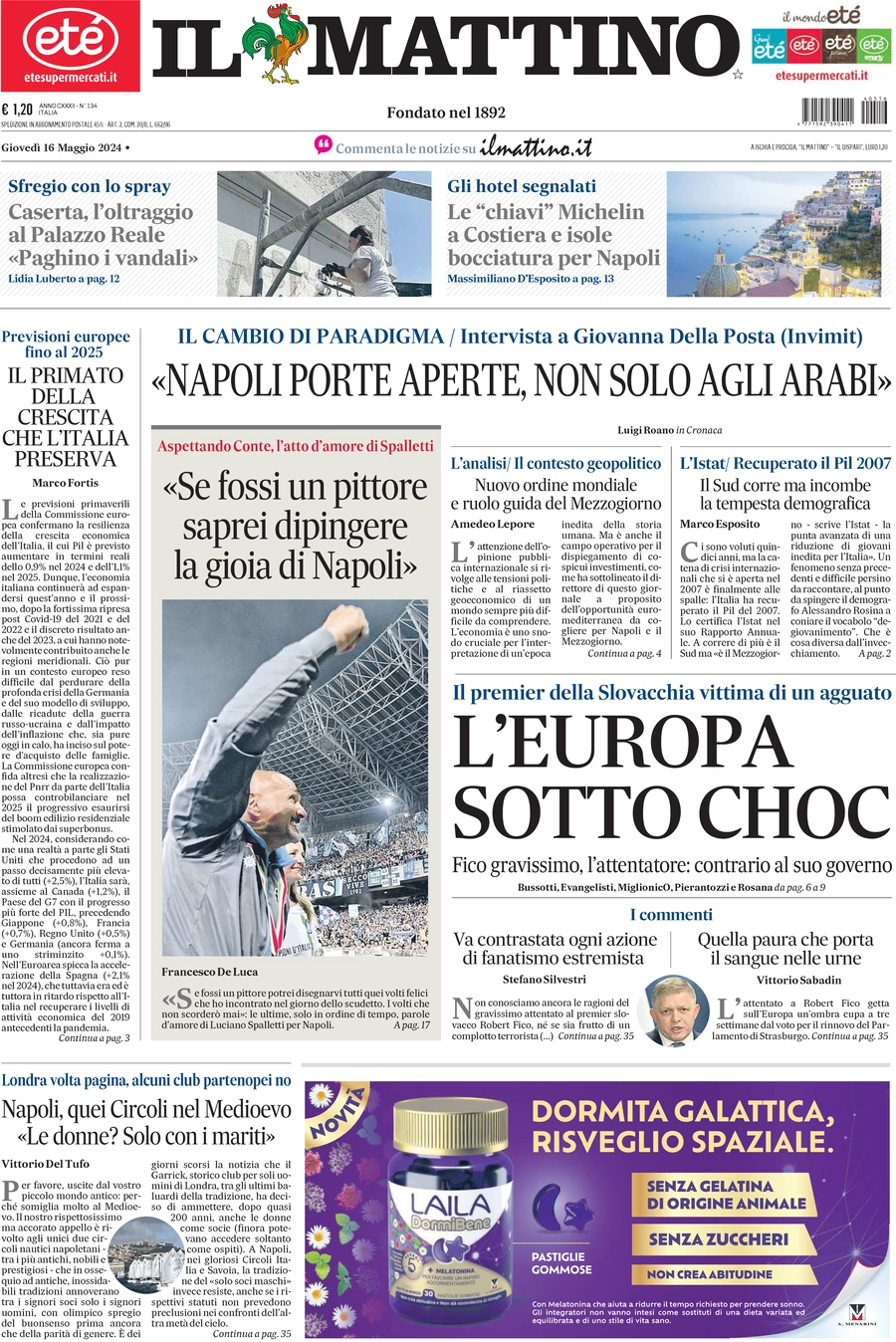 anteprima della prima pagina di il-mattino del 16/05/2024