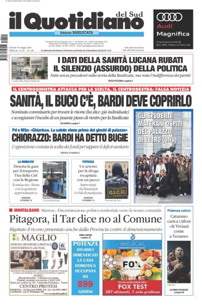 prima pagina - Il Quotidiano del Sud (Basilicata) del 16/05/2024