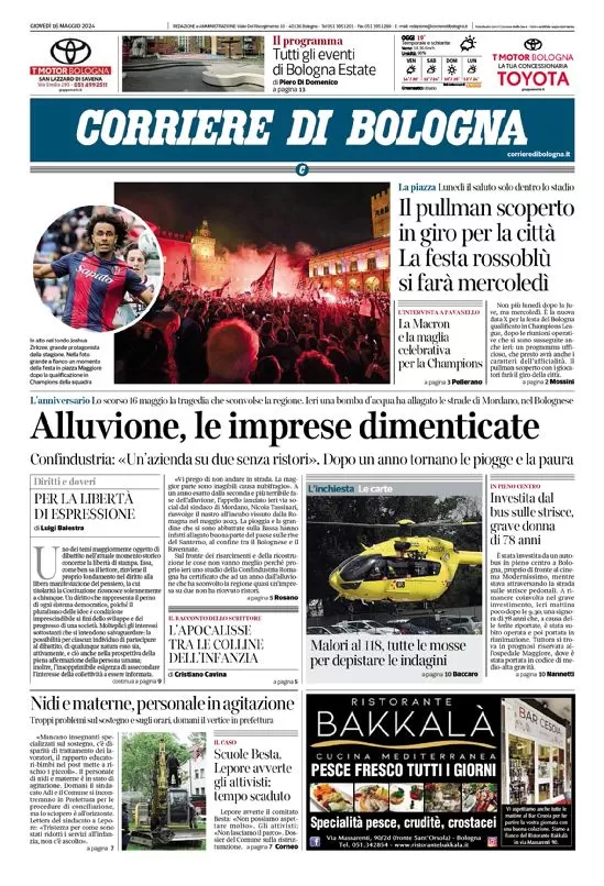 prima pagina - Corriere di Bologna del 16/05/2024