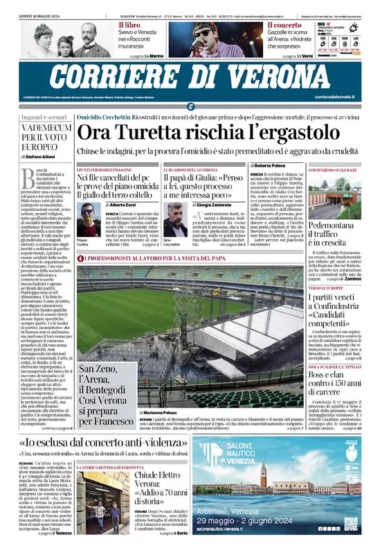 prima pagina - Corriere di Verona del 16/05/2024