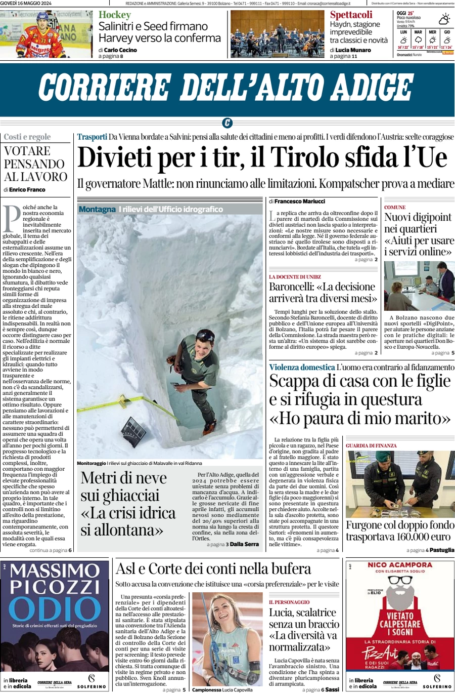prima pagina - Corriere dell'Alto Adige del 16/05/2024