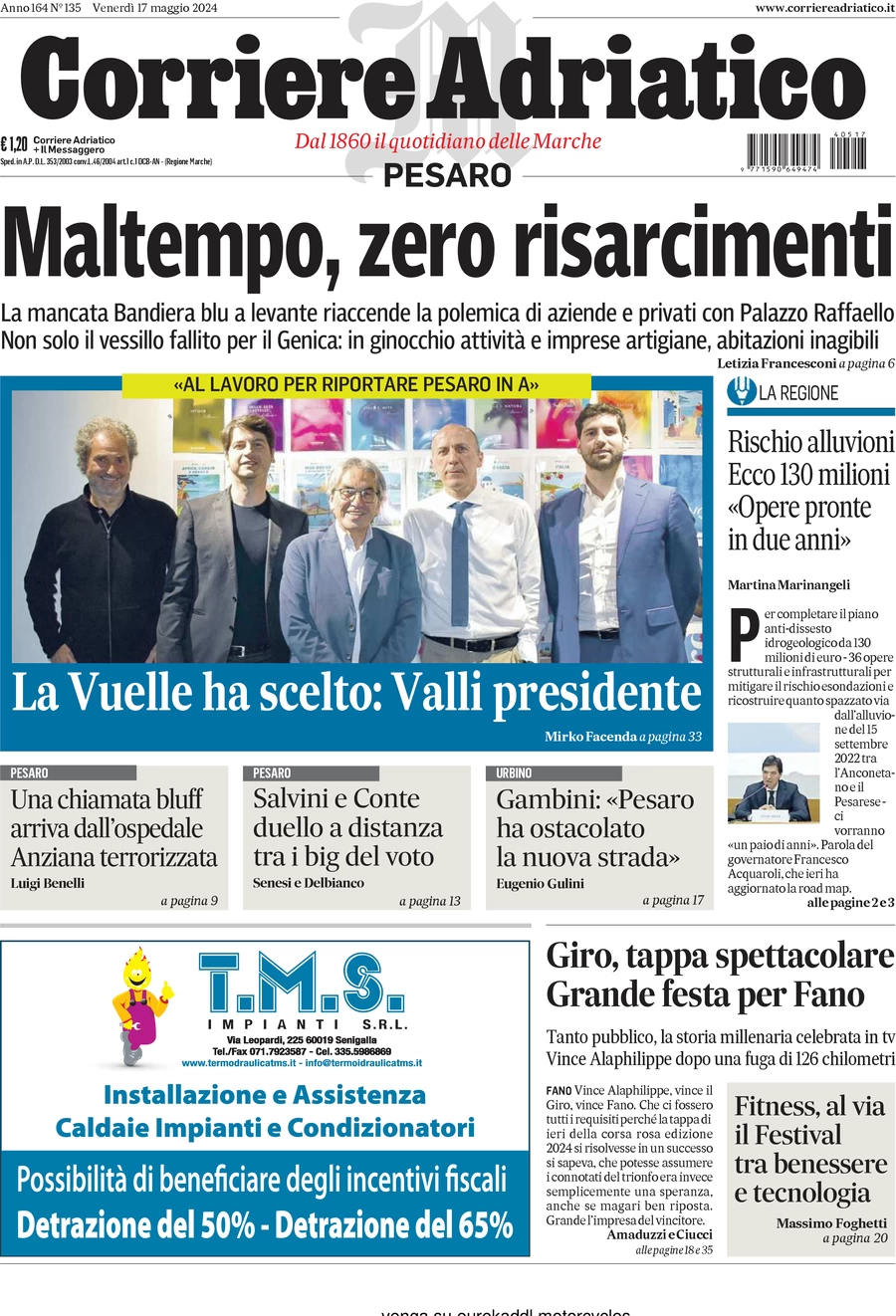 prima pagina - Corriere Adriatico (Pesaro) del 17/05/2024
