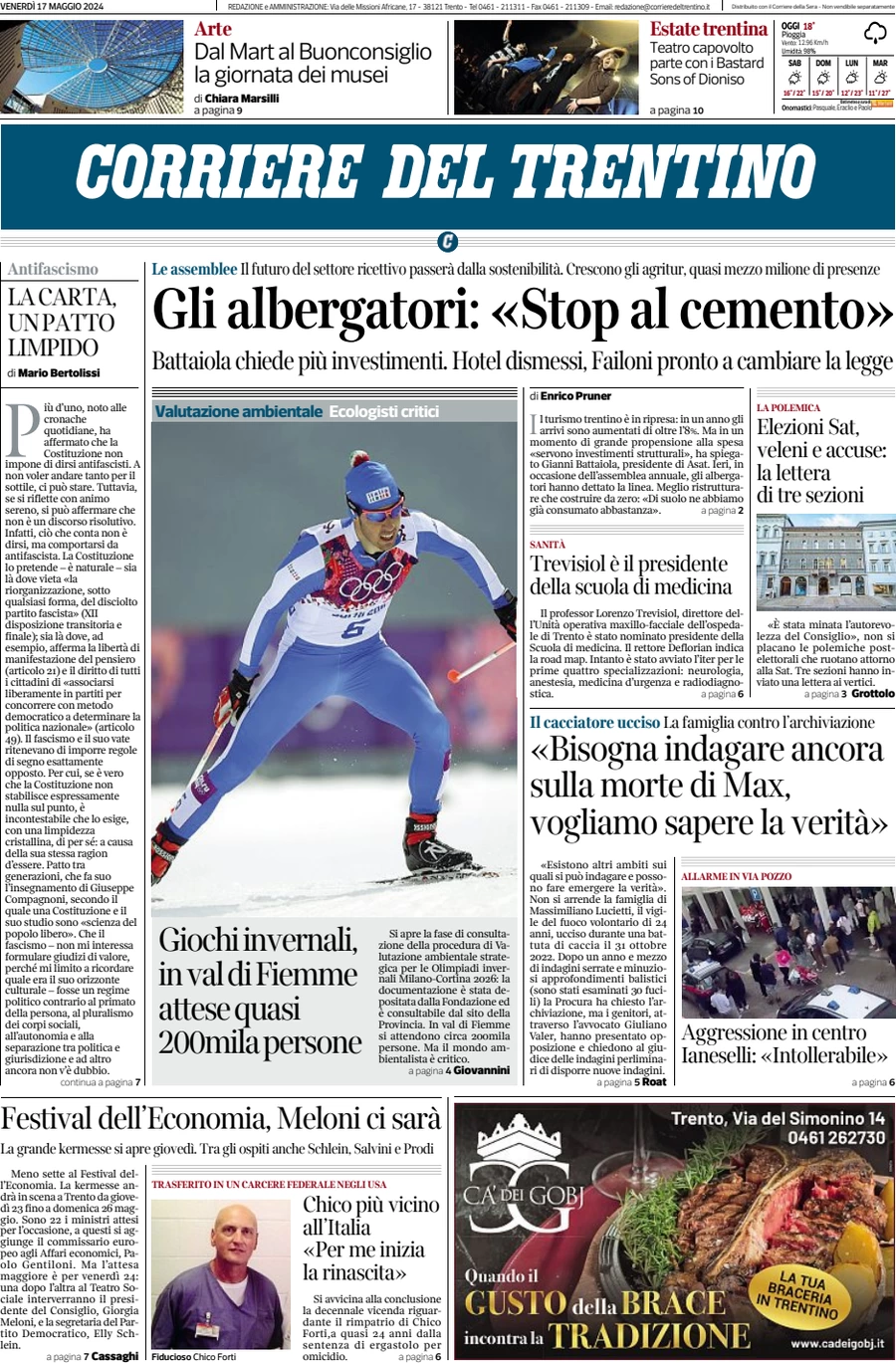 prima pagina - Corriere del Trentino del 17/05/2024