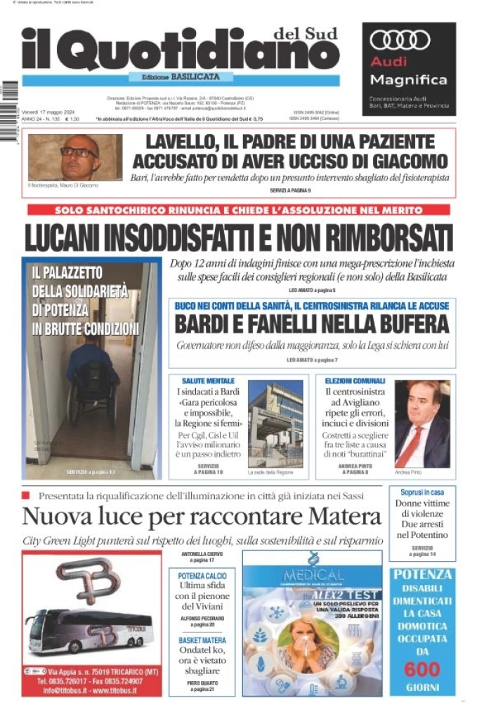 prima pagina - Il Quotidiano del Sud (Basilicata) del 17/05/2024