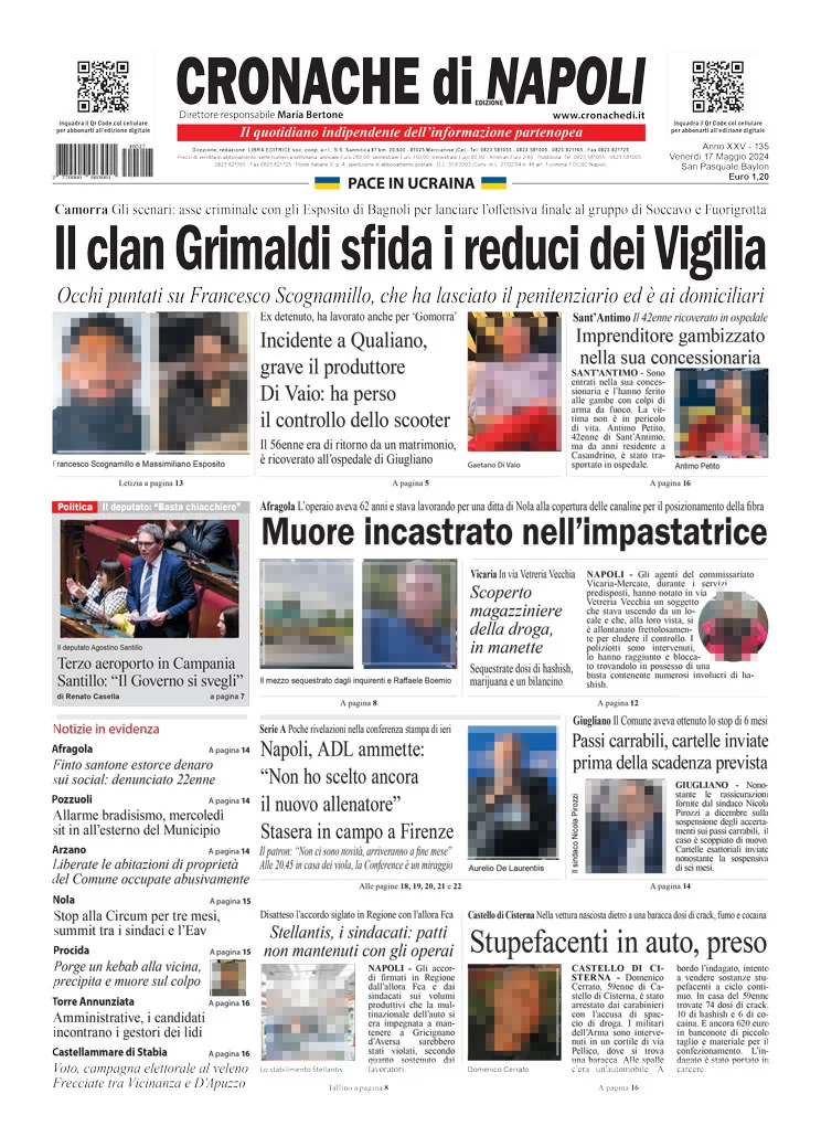 anteprima della prima pagina di cronache-di-napoli del 17/05/2024