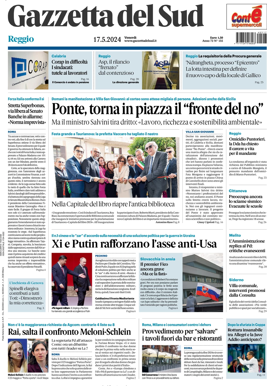 prima pagina - Gazzetta del Sud (Reggio Calabria) del 17/05/2024