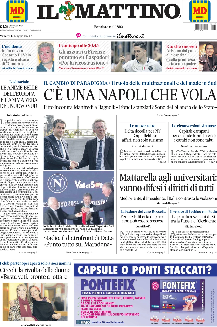 anteprima della prima pagina di il-mattino del 17/05/2024