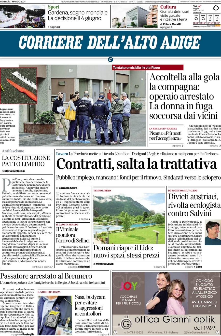 prima pagina - Corriere dell'Alto Adige del 17/05/2024