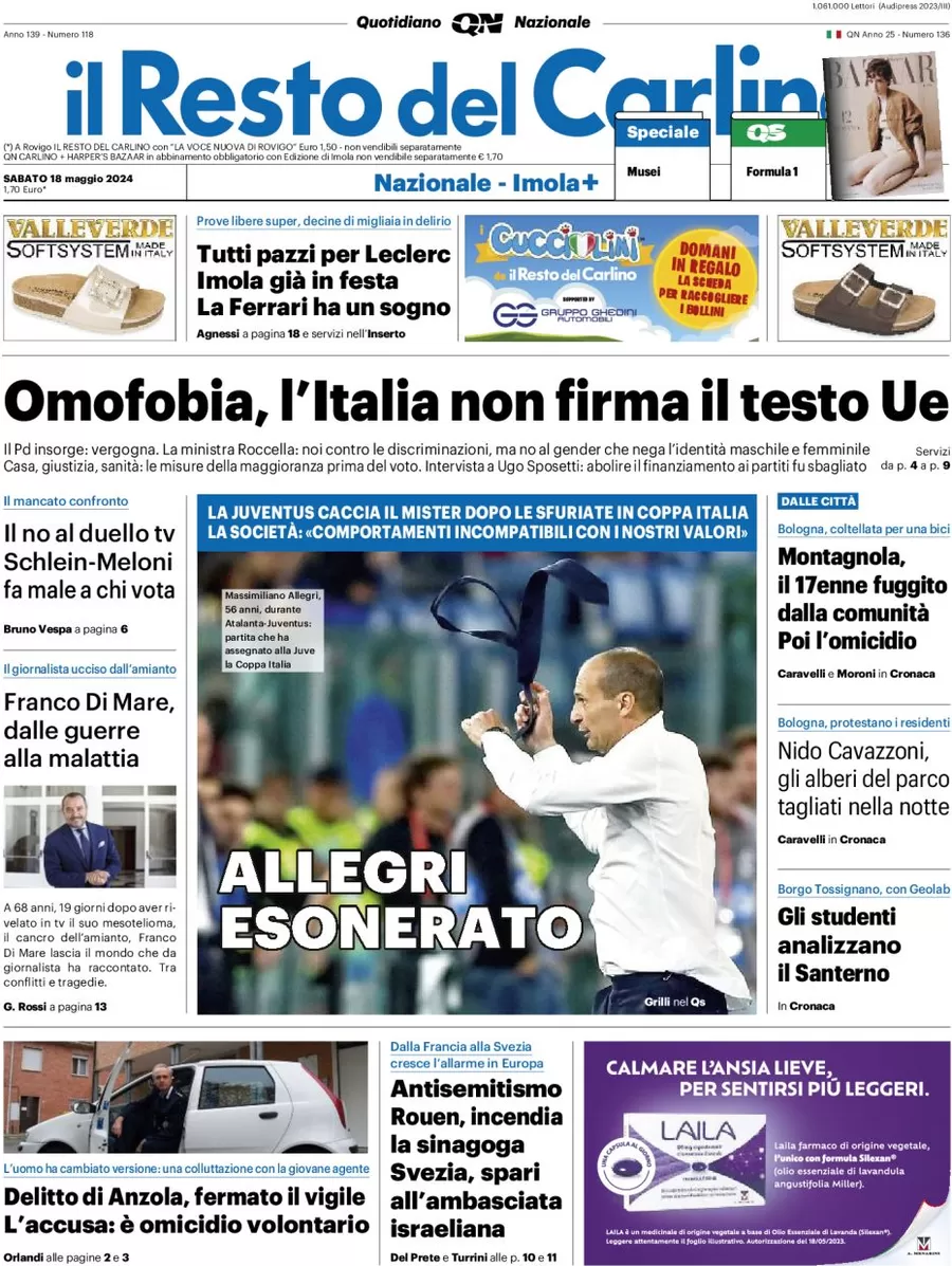 anteprima della prima pagina di il-resto-del-carlino del 18/05/2024