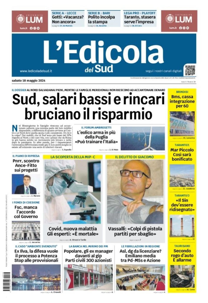 prima pagina - L'Edicola del Sud (Lecce) del 18/05/2024