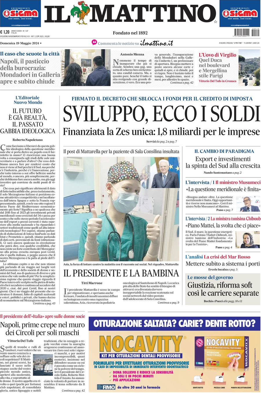 anteprima della prima pagina di il-mattino del 19/05/2024