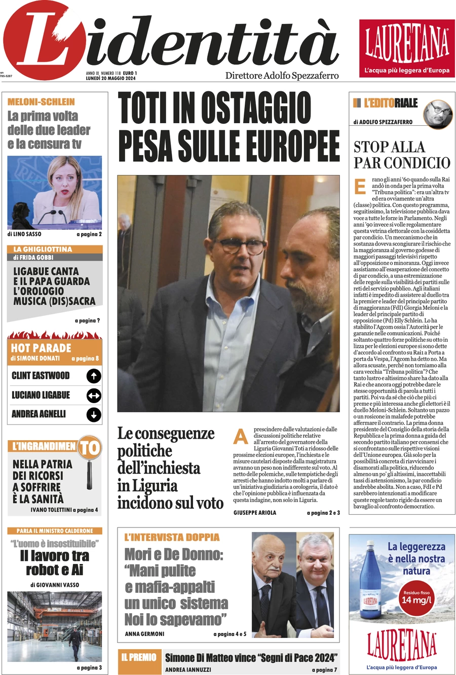 anteprima della prima pagina di lidentit del 19/05/2024