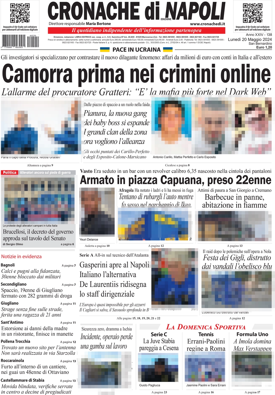 anteprima della prima pagina di cronache-di-napoli del 20/05/2024