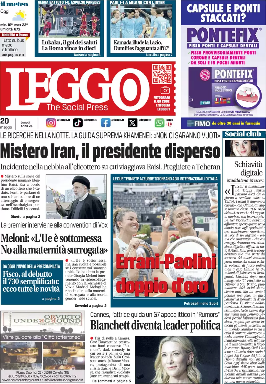 anteprima della prima pagina di leggo-roma del 20/05/2024