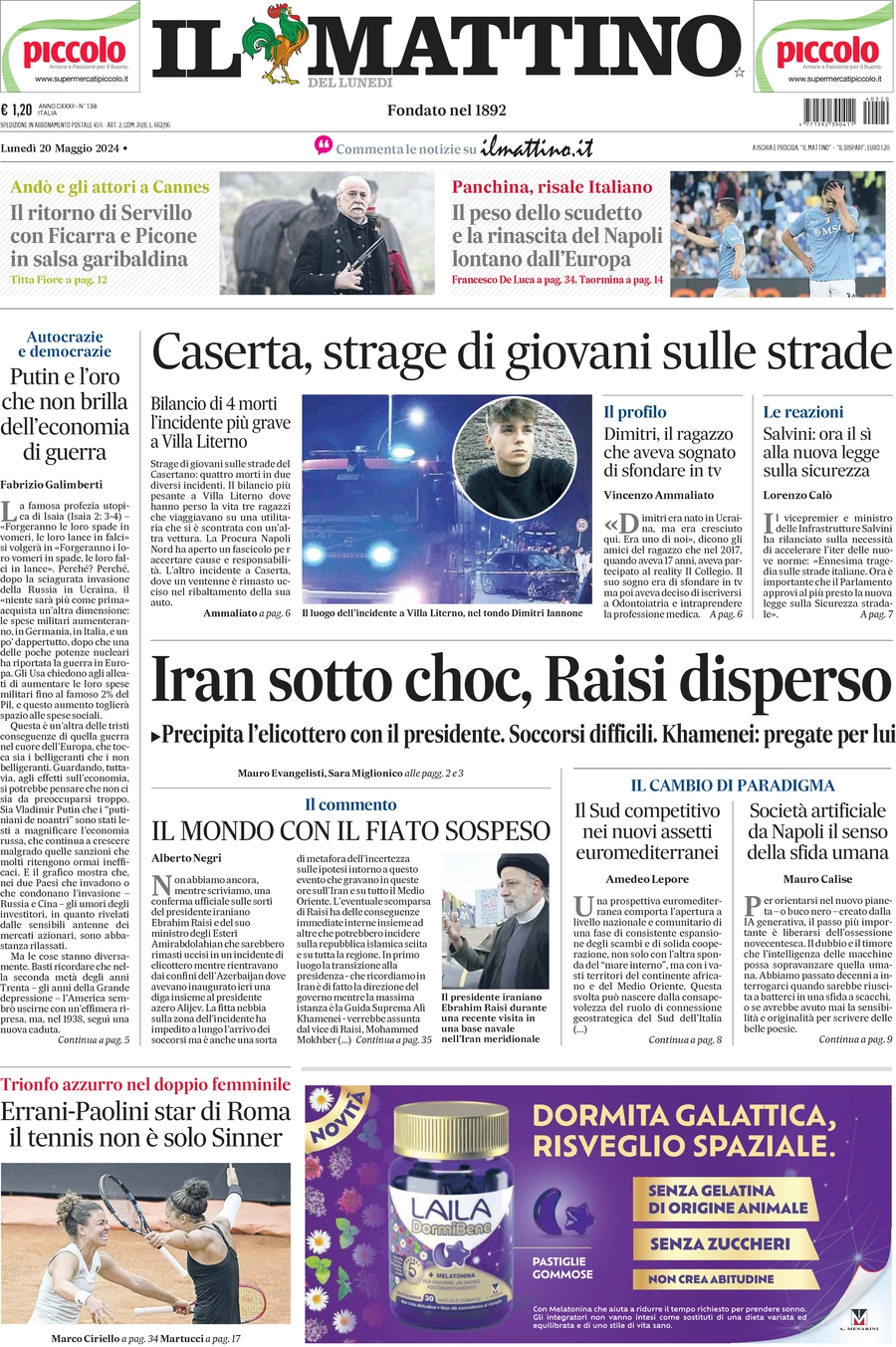 anteprima della prima pagina di il-mattino del 20/05/2024