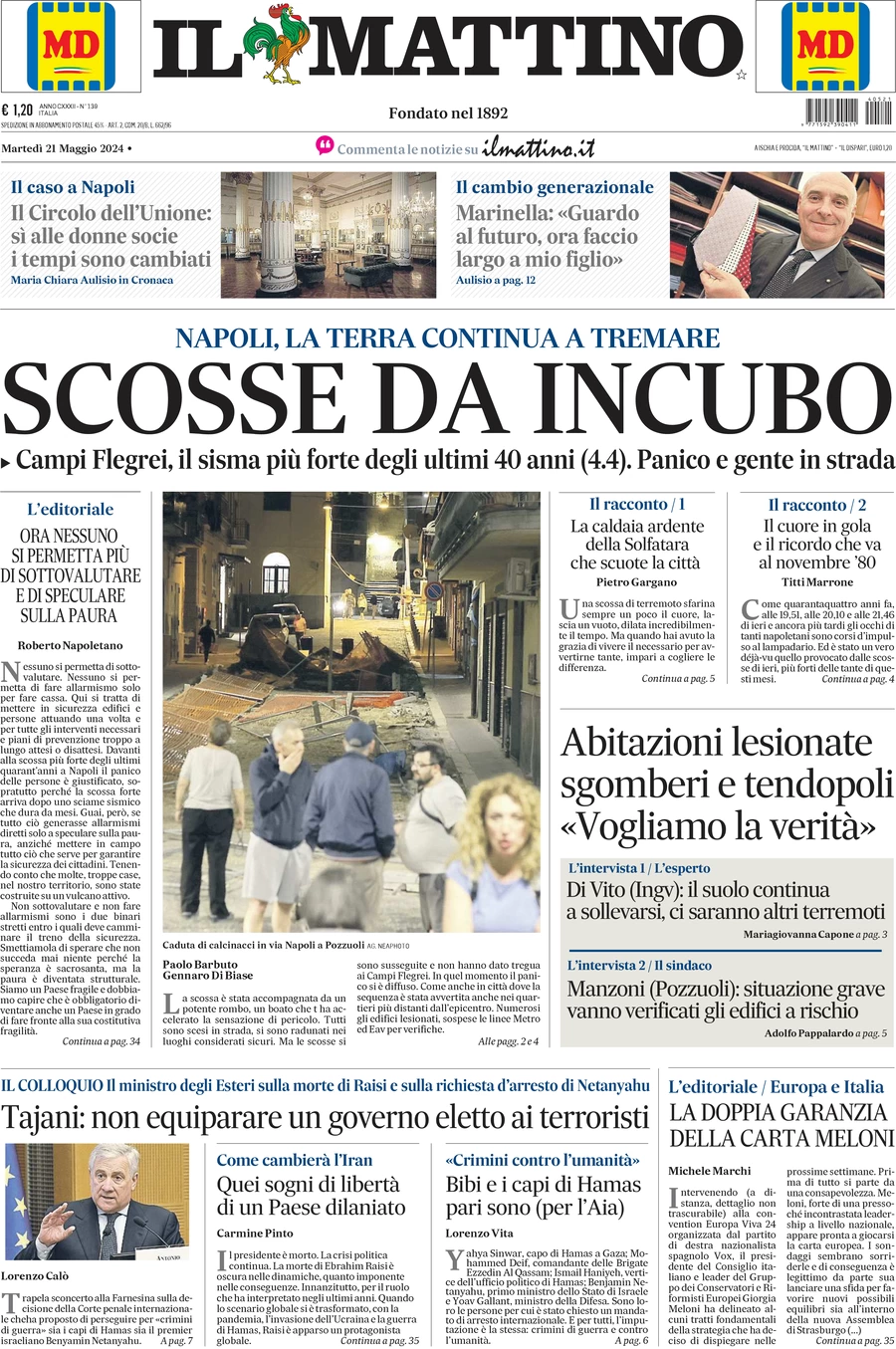 anteprima della prima pagina di il-mattino del 21/05/2024