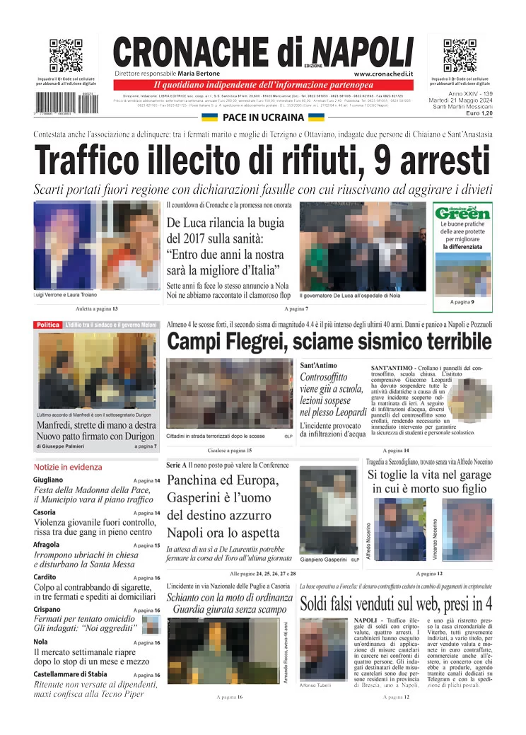 anteprima della prima pagina di cronache-di-napoli del 21/05/2024