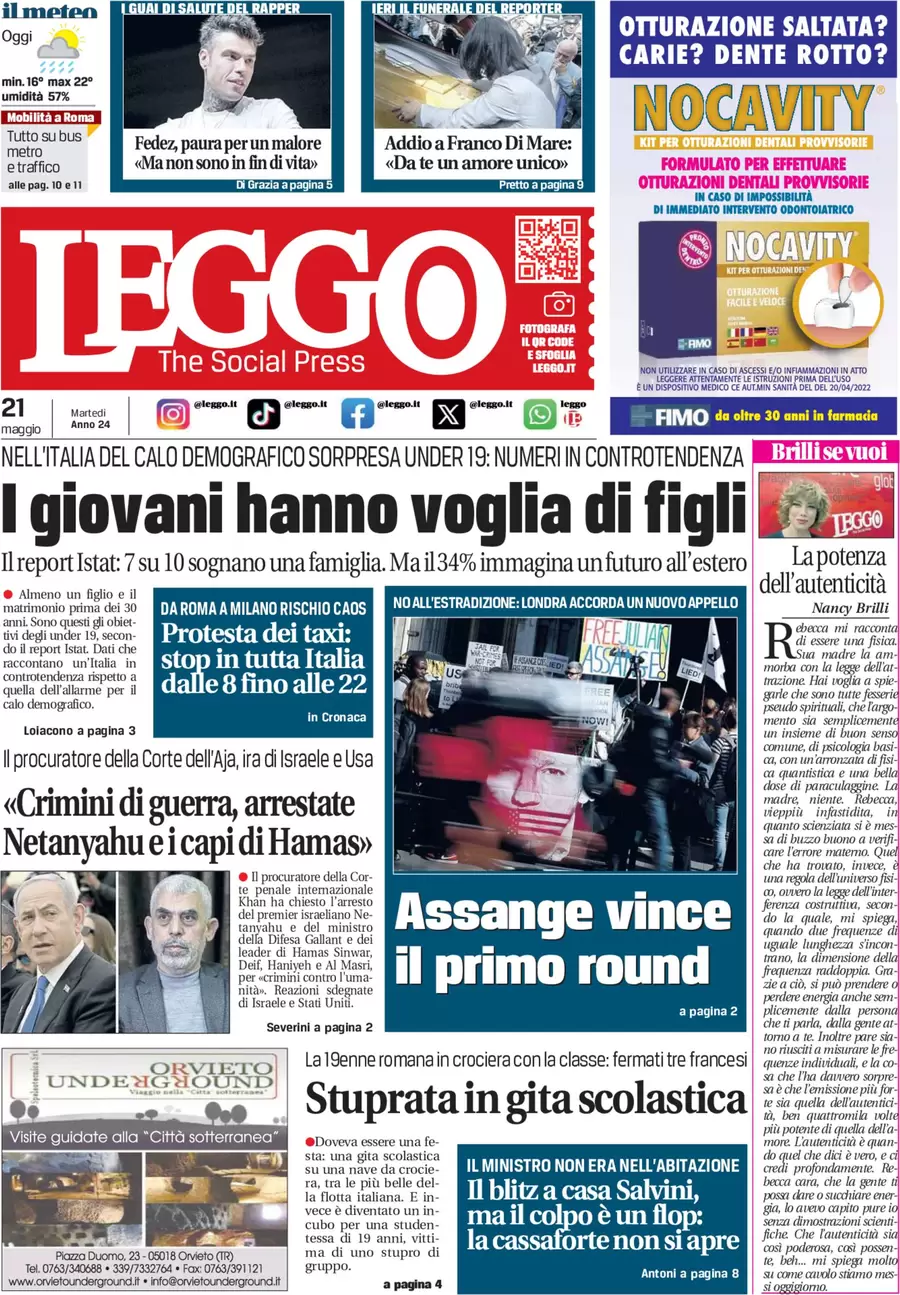 anteprima della prima pagina di leggo-roma del 21/05/2024