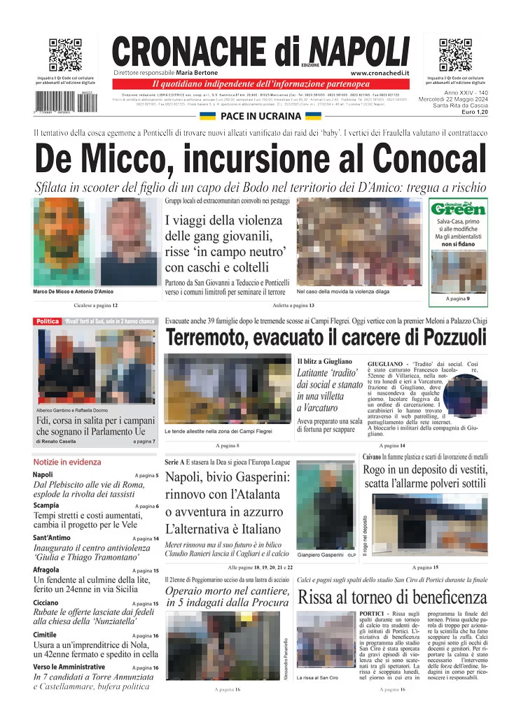 anteprima della prima pagina di cronache-di-napoli del 22/05/2024