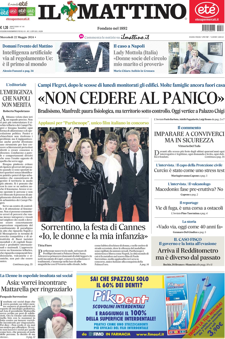 anteprima della prima pagina di il-mattino del 22/05/2024