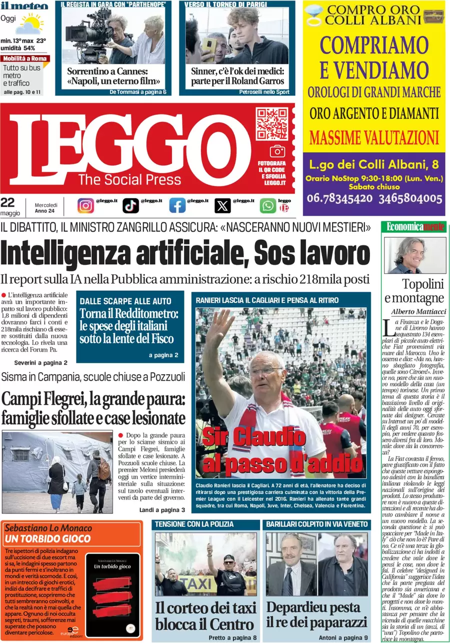 anteprima della prima pagina di leggo-roma del 22/05/2024