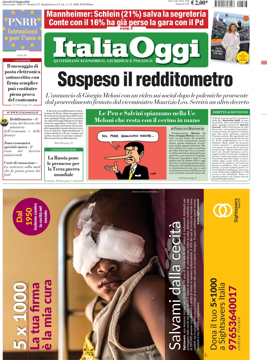 anteprima della prima pagina di italiaoggi del 23/05/2024
