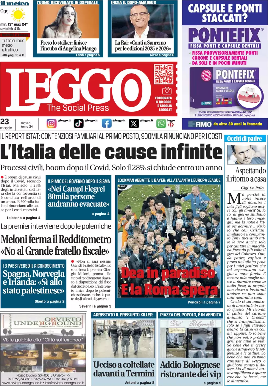 anteprima della prima pagina di leggo-roma del 23/05/2024