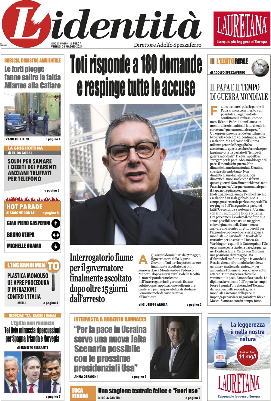anteprima della prima pagina di lidentit del 23/05/2024