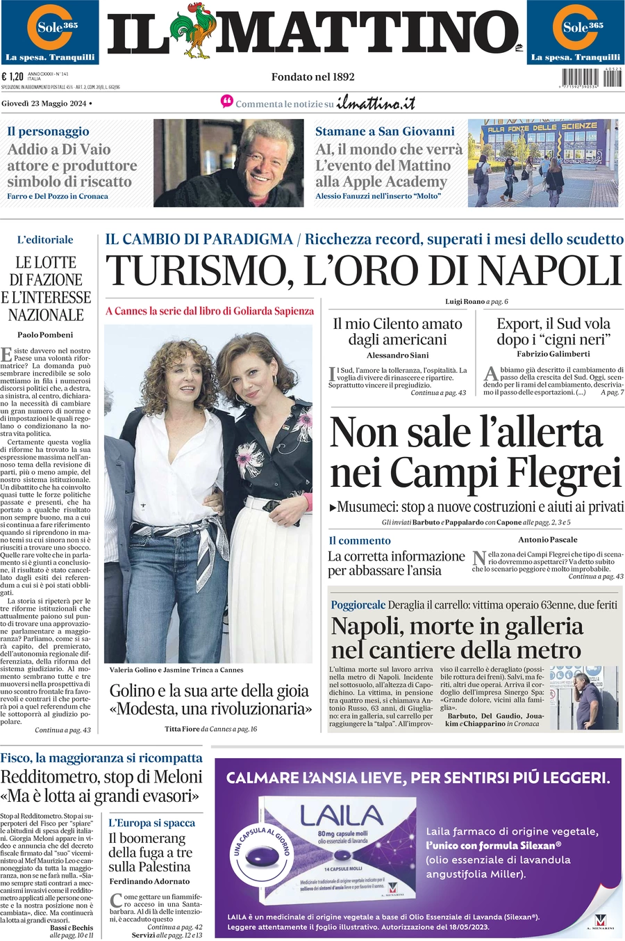 anteprima della prima pagina di il-mattino del 23/05/2024