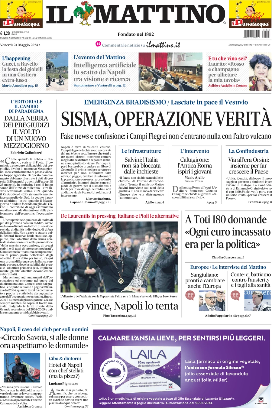 anteprima della prima pagina di il-mattino del 24/05/2024