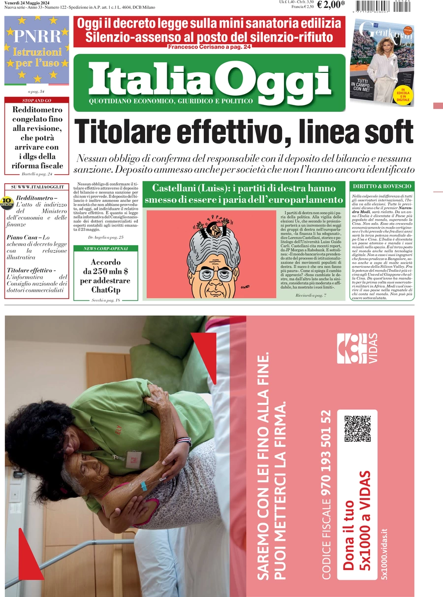 anteprima della prima pagina di italiaoggi del 24/05/2024