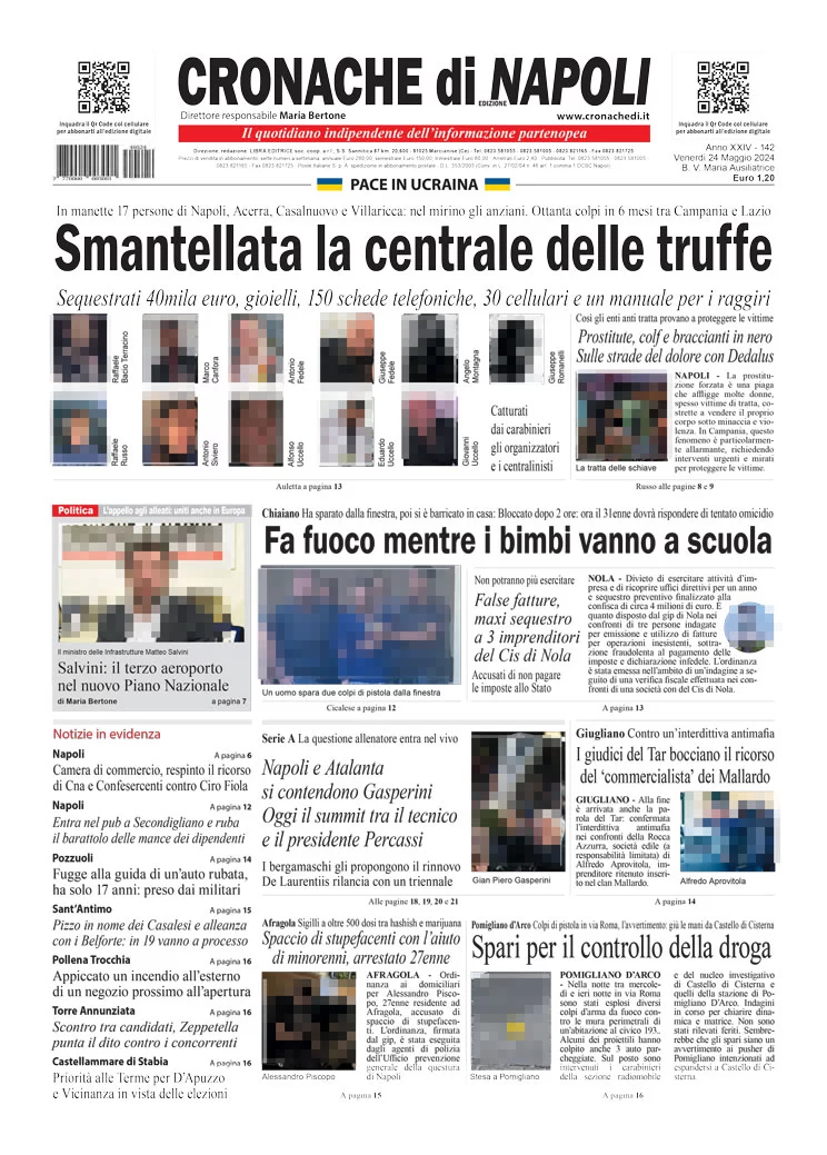 anteprima della prima pagina di cronache-di-napoli del 24/05/2024