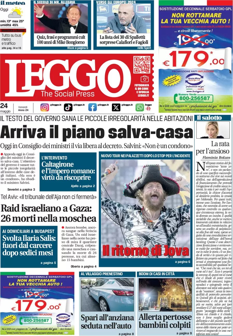 anteprima della prima pagina di leggo-roma del 24/05/2024