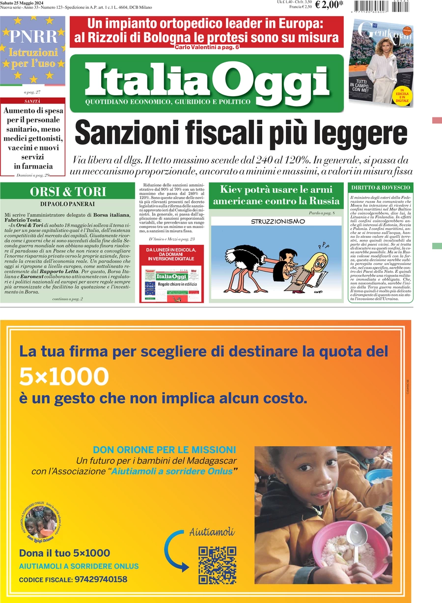 anteprima della prima pagina di italiaoggi del 25/05/2024