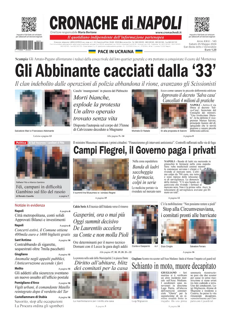 anteprima della prima pagina di cronache-di-napoli del 25/05/2024