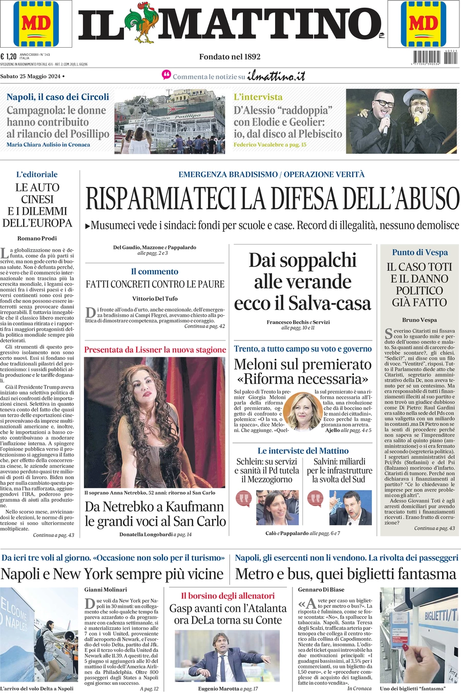 anteprima della prima pagina di il-mattino del 25/05/2024